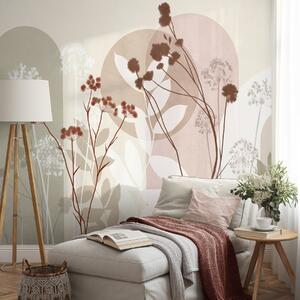 Tapet Compoziție botanică și minimalistă din flori și frunze uscate, cu elemente geometrice abstracte, Imagini de fundal unice, w09906v1 : Uwalls.ro