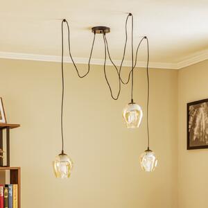 EMIBIG LIGHTING Lampă suspendată Starla, sticlă chihlimbar, 3 becuri descentrate, reglabil, Negru, Camera de zi / sufragerie, Metal, Modern