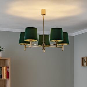 Argon Lampă suspendată Polo Plus cu 5 becuri, alamă/verde, reglabil, Auriu / Alamă, Camera de zi / sufragerie, Metal