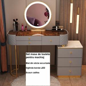 Set RANIA, Masă de toaletă pentru machiaj cu oglindă iluminată LED, control touch, 6 sertare, comoda, scaun, Gri