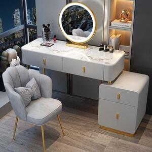 Set Eleanor, Masă de toaletă pentru machiaj cu oglindă iluminată LED, control touch, 4 sertare, comoda, scaun, Gri