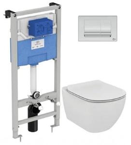 Set vas wc suspendat Ideal Standard Tesi AquaBlade cu capac, rezervor incastrat si clapeta crom