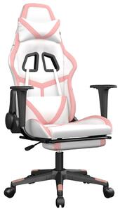 Scaun gaming de masaj/suport picioare, alb/roz, piele ecologică