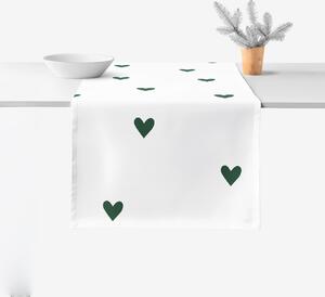 Goldea napron de masă 100% bumbac - inimioare verde închis pe alb 20x120 cm
