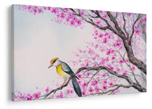 Tablou - Pasăre pe un copac cu flori roz (90x60 cm)