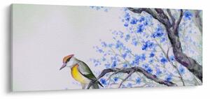Tablou - Pasăre pe un copac cu flori albastre (120x50 cm)