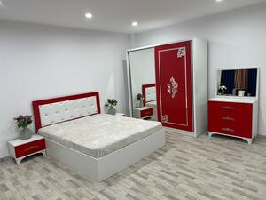 Set Dormitor Amelia Alb Rosu cu Pat Matrimonial 160 cm x 200 cm, Dulap usi Glisante, Noptiere si Comoda Tv