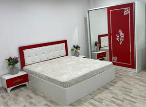 Set Dormitor Amelia Alb Rosu cu Pat Matrimonial 160 cm x 200 cm, Dulap Usi Glisante si Set Noptiere