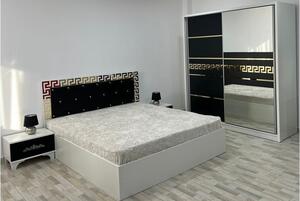 Dormitor Carla Alb Negru cu Pat 160 cm x 200 cm, Dressing Alb Negru cu Oglinda si Set Noptiere