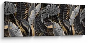 Tablou - Frunze tropicale, Galben - auriu (cu ceas) (90x30 cm)