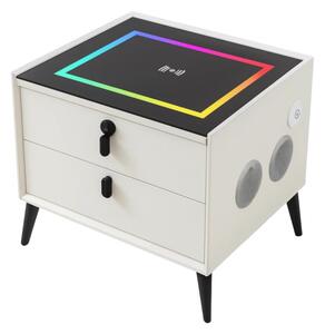 Noptiera inteligenta cu încărcare wireless și iluminare LED –culoare alb, 2 Sertare de depozitare, design modern-sticlă securizata