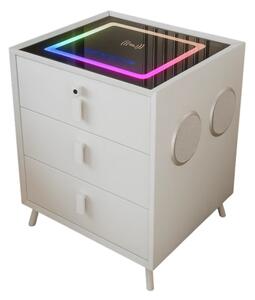 Noptiera inteligenta cu încărcare wireless și iluminare LED –culoare: alb, 3 Sertare de depozitare, difuzor Bluetooth