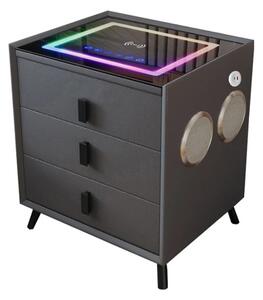 Noptiera inteligenta cu încărcare wireless și iluminare LED –culoare: gri antracit, 3 Sertare de depozitare, difuzor Bluetooth