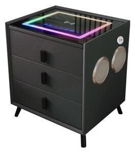 Noptiera inteligenta cu încărcare wireless și iluminare LED –culoare: negru, 3 Sertare de depozitare, difuzor Bluetooth