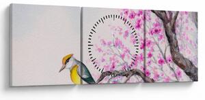 Tablou - Pasăre pe un copac cu flori roz (cu ceas) (90x30 cm)