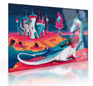 Tablou pe sticlă - Prinț și prințesa cu dragon (70x50 cm)