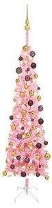 Set brad de Crăciun subțire cu LED-uri și globuri, roz, 150 cm