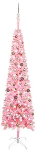 Set pom de Crăciun subțire cu LED-uri și globuri, roz, 240 cm