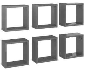 Raft de perete cub, 6 buc., gri extralucios, 30x15x30 cm, PAL