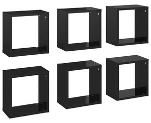 Rafturi de perete cub, 6 buc., negru extralucios, 26x15x26 cm