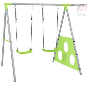 AIYAPLAY Leagăn de Grădină 3 în 1 pentru Copii 3-8 Ani cu Coș de Baschet și Poartă de Fotbal, 238x180x182 cm, Verde | Aosom Romania