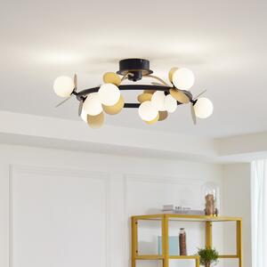 Lucande Plafonieră LED Pallo, 9 lumini, negru/auriu, sticlă, reglabil, Negru, Camera de zi / sufragerie, Metal, Modern