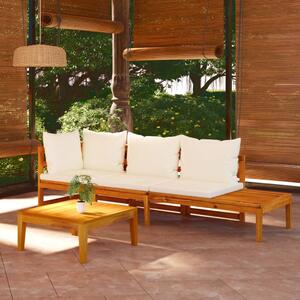 Set mobilier grădină perne alb/crem, 3 piese, lemn de acacia