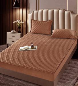 Set husa cu elastic pentru pat, 3 piese, catifea, 180×200 cm, Maro