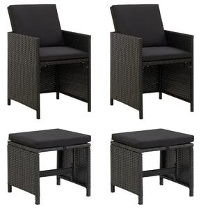 Set scaune de grădină și taburet, 4 piese, negru, poliratan