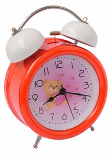 Ceas de masa desteptator pentru copii Pufo Joy, cu buton de iluminare cadran, 16 cm, model Bear in Love, rosu