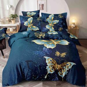 Lenjerie de pat, 1 persoana, finet, 150x200cm, cu elastic, 4 piese, 3D, albastru , cu fluturi aurii, LP312