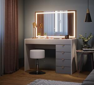 SEA447 - Set Masa toaleta, 115 cm, cosmetica machiaj, oglinda cu LED, masuta vanity, cu sau fara scaun - Alb - Gri