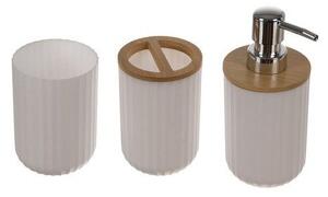 Set 6 accesorii pentru baie, bambus si otel, cos de gunoi, sapuniera, dozator sapun, alb/maro
