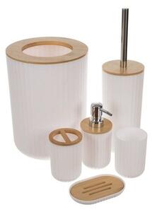 Set 6 accesorii pentru baie, bambus si otel, cos de gunoi, sapuniera, dozator sapun, alb/maro