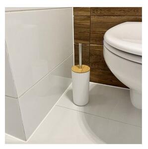 Set 6 accesorii pentru baie, bambus si otel, cos de gunoi, sapuniera, dozator sapun, alb/maro
