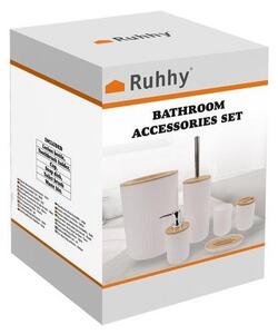 Set 6 accesorii pentru baie, bambus si otel, cos de gunoi, sapuniera, dozator sapun, alb/maro