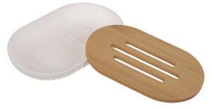 Set 6 accesorii pentru baie, bambus si otel, cos de gunoi, sapuniera, dozator sapun, alb/maro