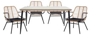 Set de 5 buc masa si scaune de gradina Naoki ratan natural metal negru sticla 160x90x78 cm