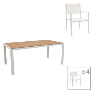 Set de 5 buc masa si scaune de gradina Nares Moly aluminiu alb si placaj culoare naturala 180x90x72.5 cm