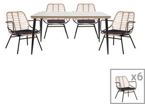 Set de 7 buc masa si scaune de gradina Naoki B ratan natural metal negru sticla 160x90x78 cm