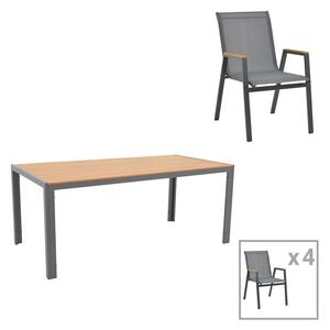 Set de 5 buc masa si scaune de gradina Nares-Azelie aluminiu antracit si placaj in nuanta naturala 180x90x72.5 cm