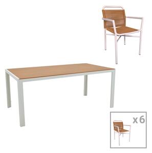 Set de 7 buc masa si scaune de gradina Nares-Clutch B aluminiu alb si placaj in nuanta naturala 180x90x72.5 cm