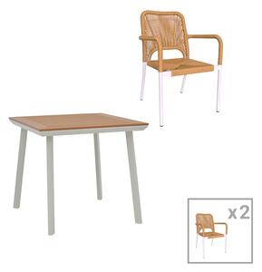 Set de 3 buc masa si scaune de gradina Synergy-Norture aluminiu alb si placaj culoare naturala 80x80x74 cm