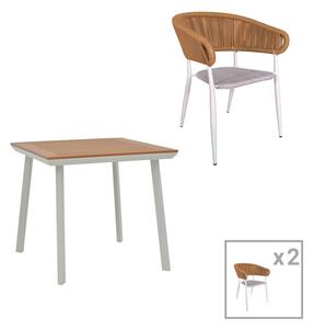 Set de 3 buc masa si scaune de gradina Synergy-Raven aluminiu alb si placaj culoare naturala 80x80x74 cm
