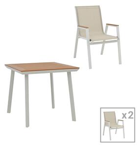 Set de 3 buc masa si scaune de gradina Synergy-Azelie aluminiu alb si placaj culoare naturala 80x80x74 cm