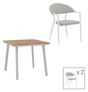 Set de 3 buc masa si scaune de gradina Synergy Pino aluminiu alb si placaj culoare naturala 80x80x74 cm