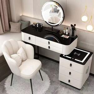 SEA83 - Set Masa toaleta, 80 cm, cosmetica, masa machiaj cu oglinda LED si scaun, masuta vanity - Alb-Negru