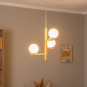 TK Lighting Lampă suspendată Estera, sticlă opală, lemn, trei lumini, reglabil, Lemn, Camera de zi / sufragerie, Sticlă, glob