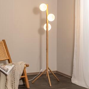 TK Lighting Lampa de podea Estera, sticlă opală, cadru din lemn, 132 cm, 3 becuri, Lemn, Camera de zi / sufragerie, Sticlă, glob