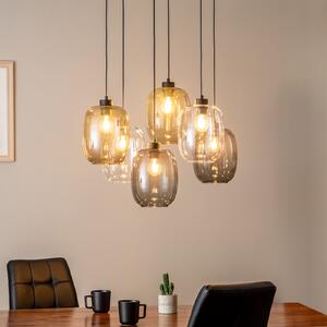 TK Lighting Lampă suspendată Elio, sticlă, maro/clară/gri, dreptunghiulară cu 6 lumini, reglabil, Transparent, Camera de zi / sufragerie, Sticlă, Modern